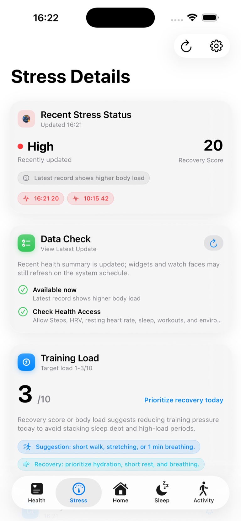 Aurora Vitals body-load trend view
