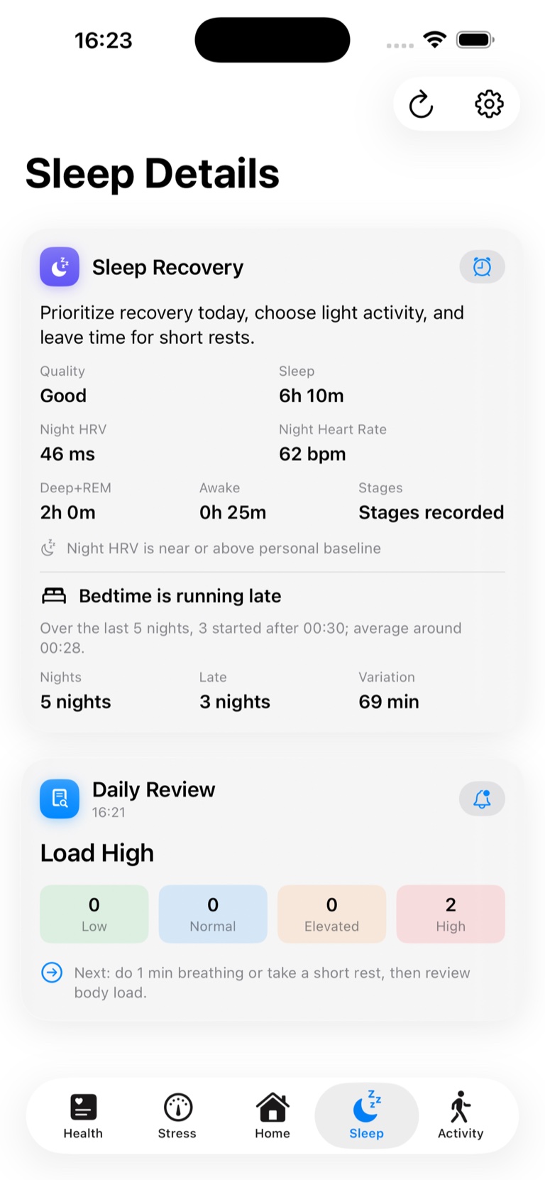 Aurora Vitals sleep and HRV view